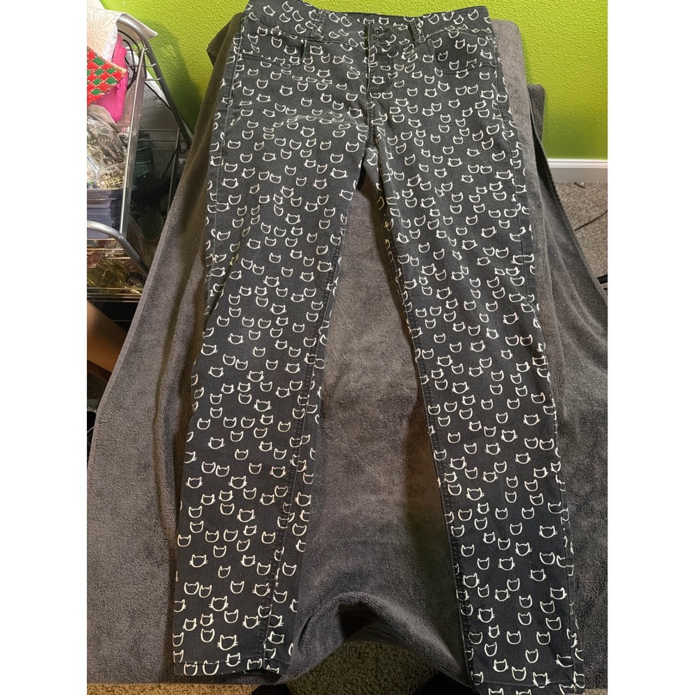 Blackheart Super Skinny Cat Print Jeans Womens 11 Black White High Waist Pant